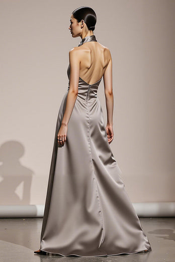 Simple Silver Satin Halter Backless Long Formal Dress with Slit