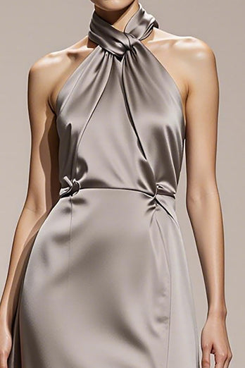 Simple Silver Satin Halter Backless Long Formal Dress with Slit