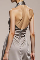 Load image into Gallery viewer, Simple Silver Satin Halter Backless Long Formal Dress with Slit