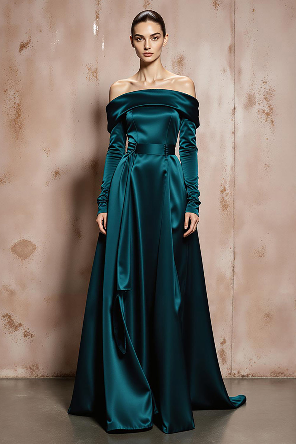 Dark Green Satin Off the Shoulder A Line Long Formal Dress with Sleeves