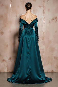 Dark Green Satin Off the Shoulder A Line Long Formal Dress with Sleeves