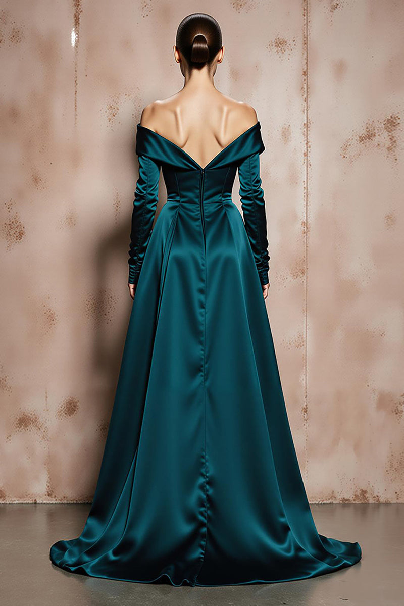 Load image into Gallery viewer, Dark Green Satin Off the Shoulder A Line Long Formal Dress with Sleeves