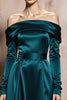 Load image into Gallery viewer, Dark Green Satin Off the Shoulder A Line Long Formal Dress with Sleeves