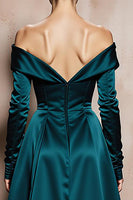 Load image into Gallery viewer, Dark Green Satin Off the Shoulder A Line Long Formal Dress with Sleeves