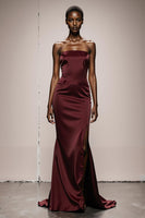 Load image into Gallery viewer, Simple Burgundy Satin Ruched Strapless Mermaid Long Formal Dress