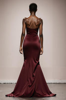 Load image into Gallery viewer, Simple Burgundy Satin Ruched Strapless Mermaid Long Formal Dress