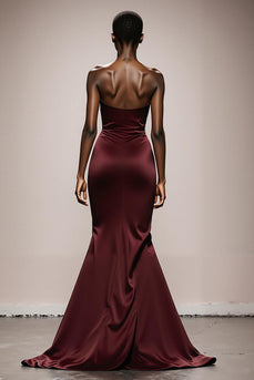Simple Burgundy Satin Ruched Strapless Mermaid Long Formal Dress
