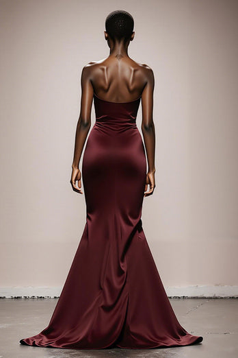 Simple Burgundy Satin Ruched Strapless Mermaid Long Formal Dress