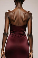 Load image into Gallery viewer, Simple Burgundy Satin Ruched Strapless Mermaid Long Formal Dress