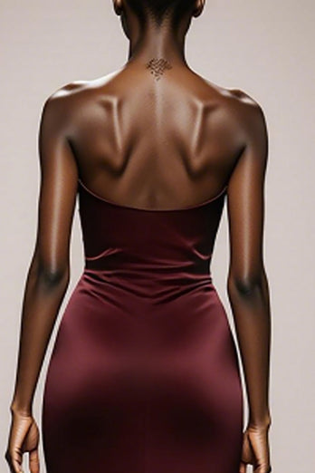 Simple Burgundy Satin Ruched Strapless Mermaid Long Formal Dress