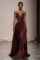 Load image into Gallery viewer, Simple Burgundy Strapless Satin Long Formal Dress