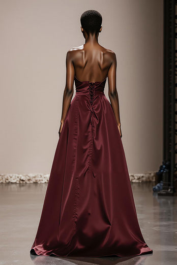 Simple Burgundy Strapless Satin Long Formal Dress