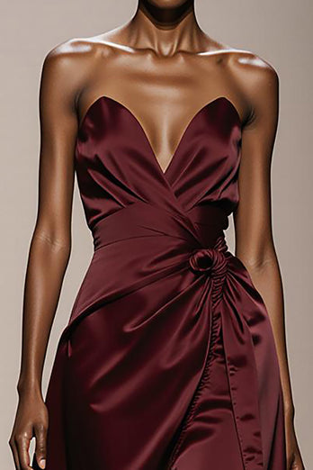 Simple Burgundy Strapless Satin Long Formal Dress