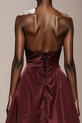 Simple Burgundy Strapless Satin Long Formal Dress