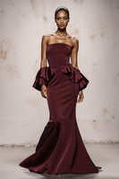 Load image into Gallery viewer, Burgundy Satin Mermaid Strapless Long Formal Dress with Ruffles