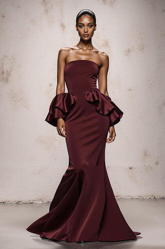 Burgundy Satin Mermaid Strapless Long Formal Dress with Ruffles