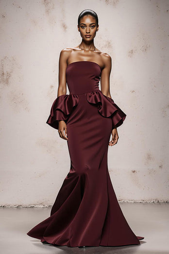 Burgundy Satin Mermaid Strapless Long Formal Dress with Ruffles