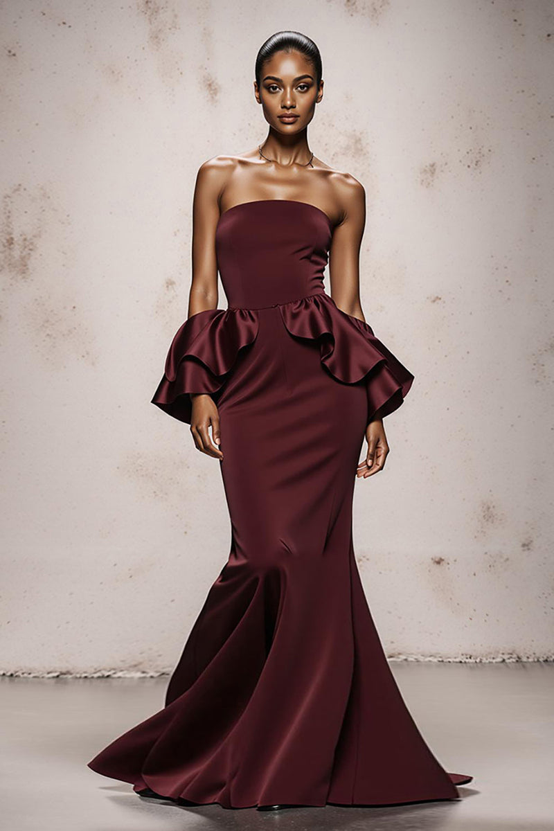 Load image into Gallery viewer, Burgundy Satin Mermaid Strapless Long Formal Dress with Ruffles