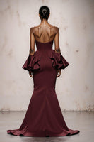 Load image into Gallery viewer, Burgundy Satin Mermaid Strapless Long Formal Dress with Ruffles