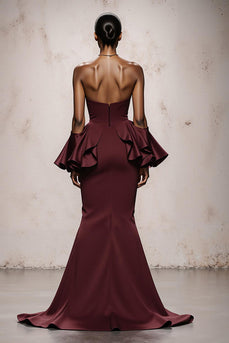 Burgundy Satin Mermaid Strapless Long Formal Dress with Ruffles