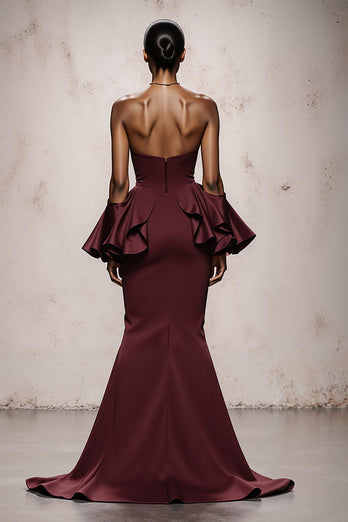 Burgundy Satin Mermaid Strapless Long Formal Dress with Ruffles