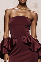 Load image into Gallery viewer, Burgundy Satin Mermaid Strapless Long Formal Dress with Ruffles