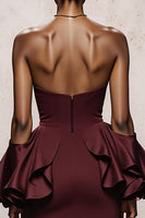 Load image into Gallery viewer, Burgundy Satin Mermaid Strapless Long Formal Dress with Ruffles