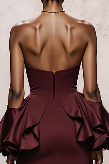 Burgundy Satin Mermaid Strapless Long Formal Dress with Ruffles