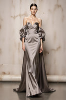Load image into Gallery viewer, Sliver Off the Shoulder Satin Backless Long Formal Dress with Sleeves