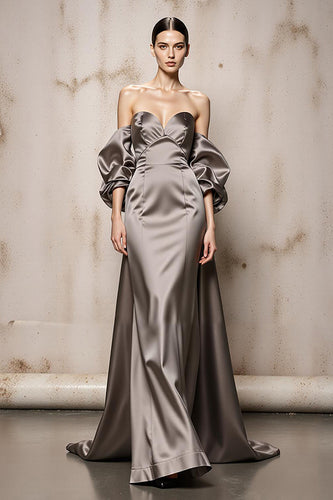 Sliver Off the Shoulder Satin Backless Long Formal Dress with Sleeves