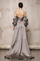 Load image into Gallery viewer, Sliver Off the Shoulder Satin Backless Long Formal Dress with Sleeves