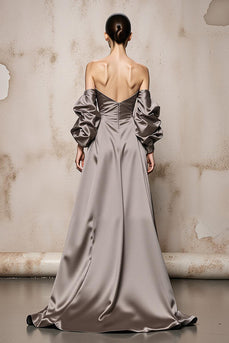 Sliver Off the Shoulder Satin Backless Long Formal Dress with Sleeves