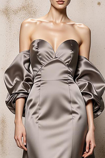 Sliver Off the Shoulder Satin Backless Long Formal Dress with Sleeves