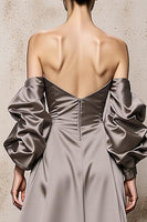 Load image into Gallery viewer, Sliver Off the Shoulder Satin Backless Long Formal Dress with Sleeves