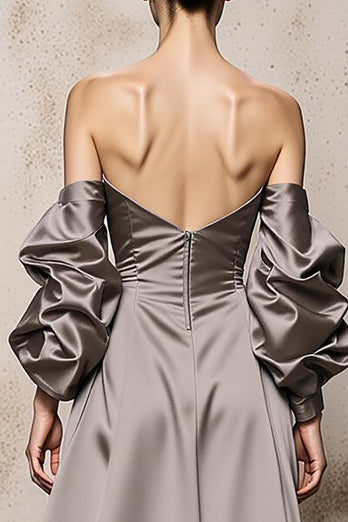 Sliver Off the Shoulder Satin Backless Long Formal Dress with Sleeves