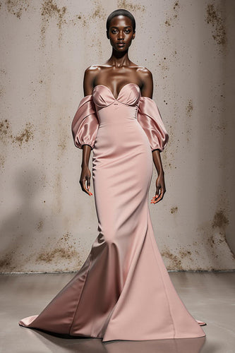Light Pink Mermaid Satin Long Formal Dress with Sleeves