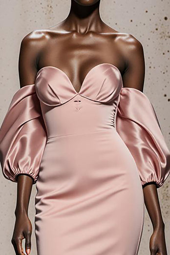 Light Pink Mermaid Satin Long Formal Dress with Sleeves