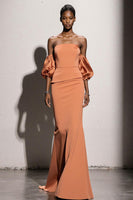Load image into Gallery viewer, Orange Satin Mermaid Strapless Long Formal Dress with Sleeves