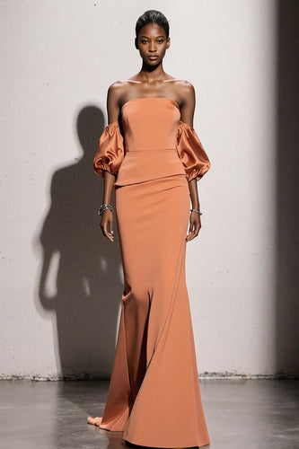 Orange Satin Mermaid Strapless Long Formal Dress with Sleeves