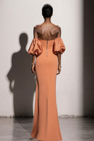 Load image into Gallery viewer, Orange Satin Mermaid Strapless Long Formal Dress with Sleeves