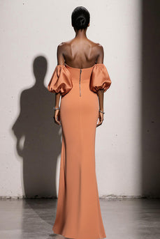 Orange Satin Mermaid Strapless Long Formal Dress with Sleeves