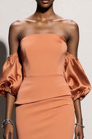 Load image into Gallery viewer, Orange Satin Mermaid Strapless Long Formal Dress with Sleeves