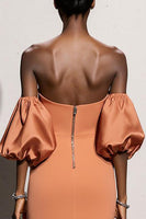 Load image into Gallery viewer, Orange Satin Mermaid Strapless Long Formal Dress with Sleeves