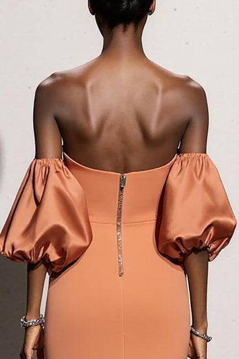 Orange Satin Mermaid Strapless Long Formal Dress with Sleeves