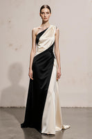 Load image into Gallery viewer, Black and White Sheath Satin One Shoulder Patchwork Long Formal Dress