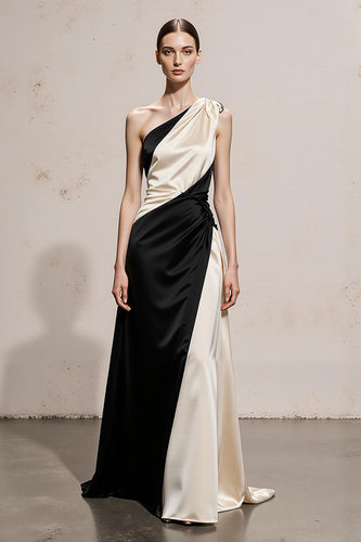 Black and White Sheath Satin One Shoulder Patchwork Long Formal Dress