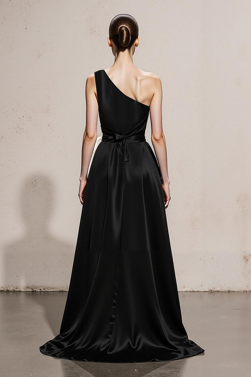 Load image into Gallery viewer, Black and White Sheath Satin One Shoulder Patchwork Long Formal Dress