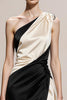 Load image into Gallery viewer, Black and White Sheath Satin One Shoulder Patchwork Long Formal Dress