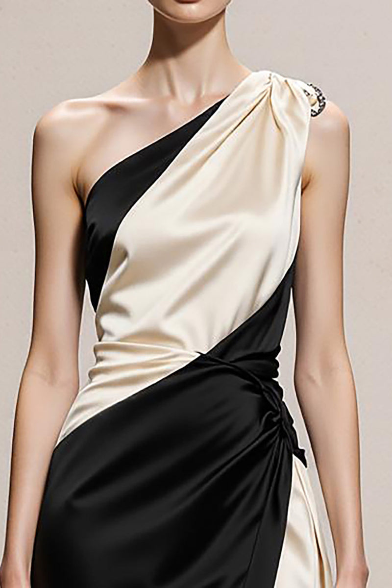 Load image into Gallery viewer, Black and White Sheath Satin One Shoulder Patchwork Long Formal Dress