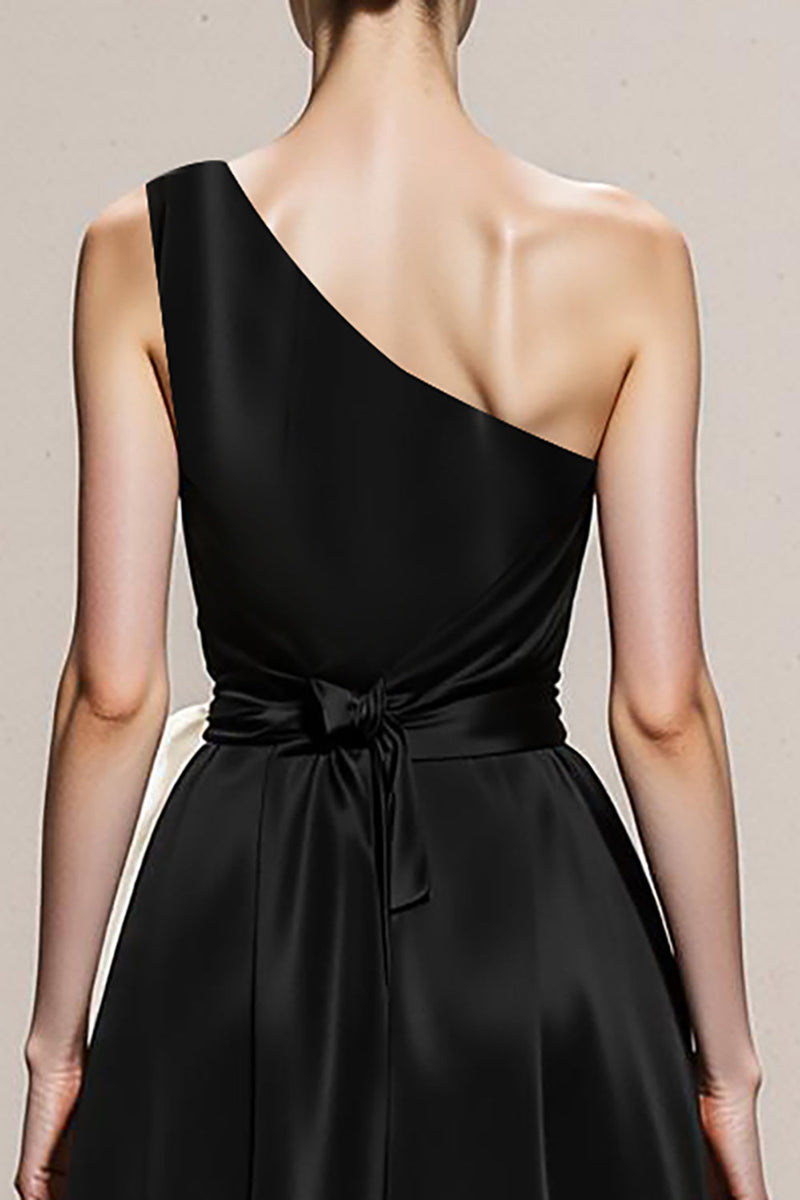 Load image into Gallery viewer, Black and White Sheath Satin One Shoulder Patchwork Long Formal Dress
